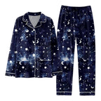 Women's Satin-Look Star Print Pajama Set, Long-Sleeve Button-Front Shirt and Matching Ankle-Length Pants, Two-Piece Loungewear