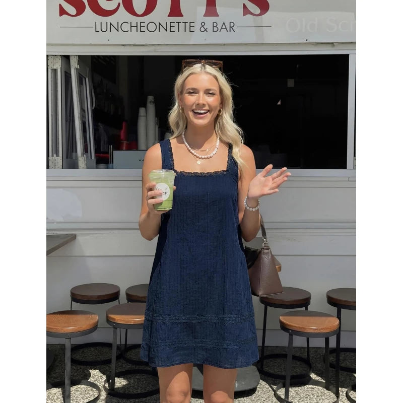 Navy Blue Square Neck Sleeveless Mini Dress with Relaxed Shift Silhouette