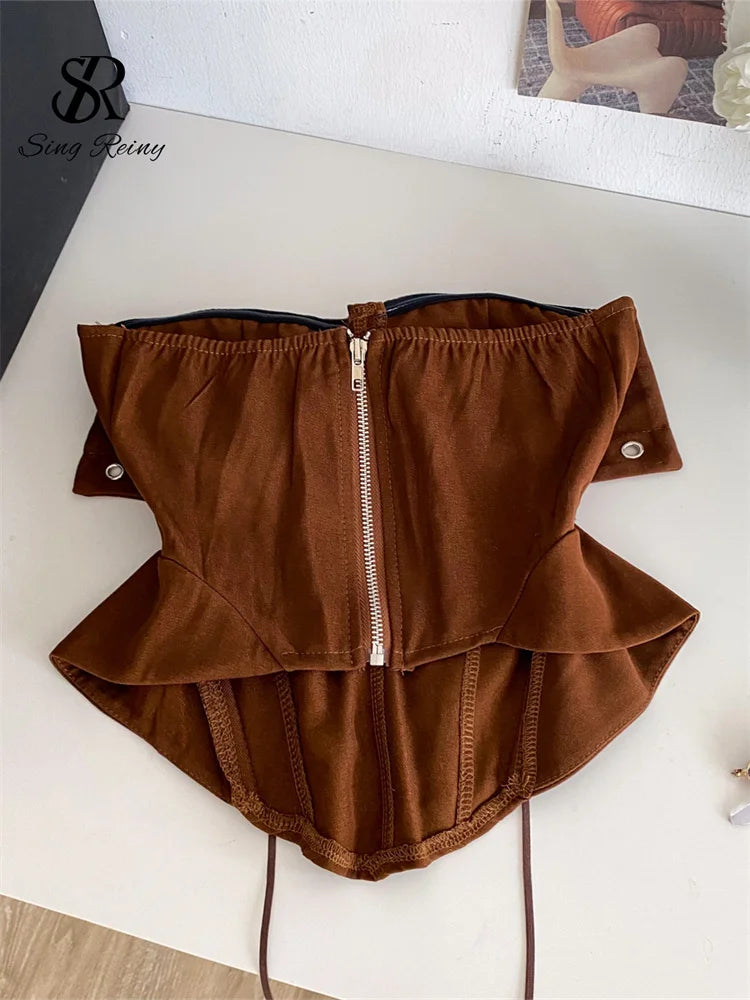 Earthy Brown Strapless Bustier with Fold-Over Sweetheart Bust and Front Lace-Up