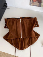 Earthy Brown Strapless Bustier with Fold-Over Sweetheart Bust and Front Lace-Up