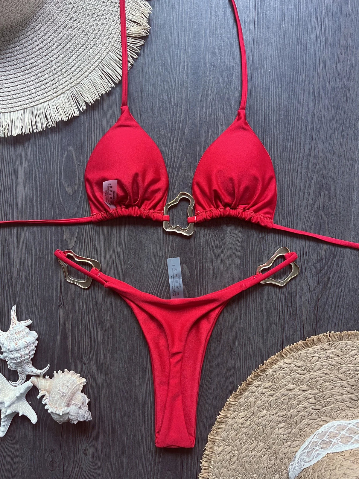 Vibrant Red String Bikini Set with Abstract Gold-Tone Hardware