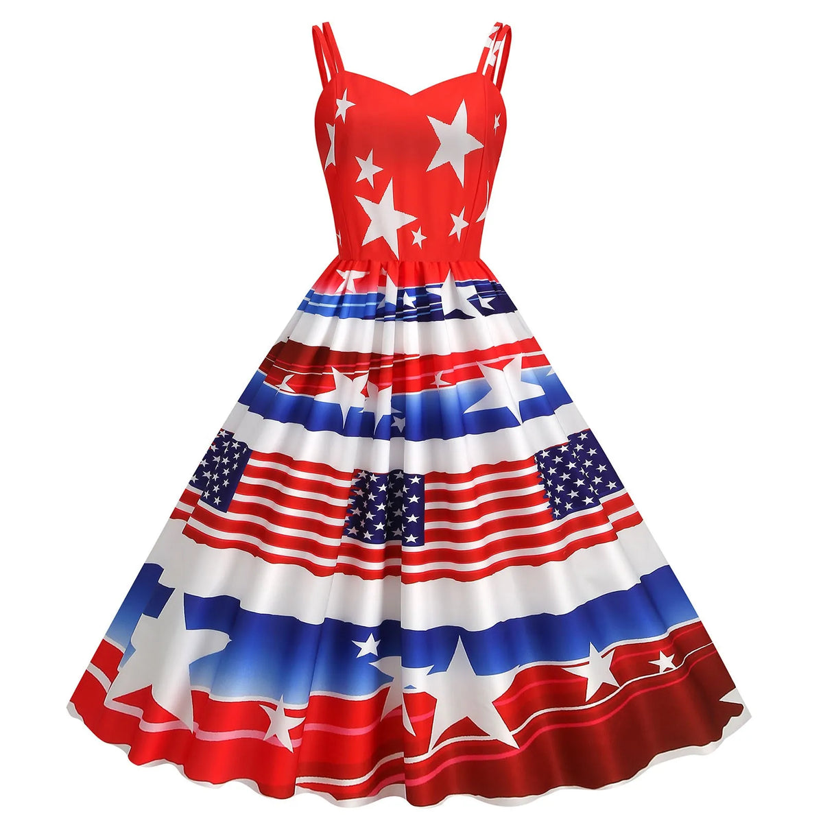 American Flag Print Retro A-Line Swing Dress with Sweetheart Neckline