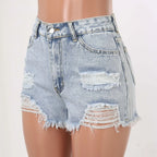 Women's High Waist Distressed Denim Style Shorts with Frayed Hem Casual Everyday Design