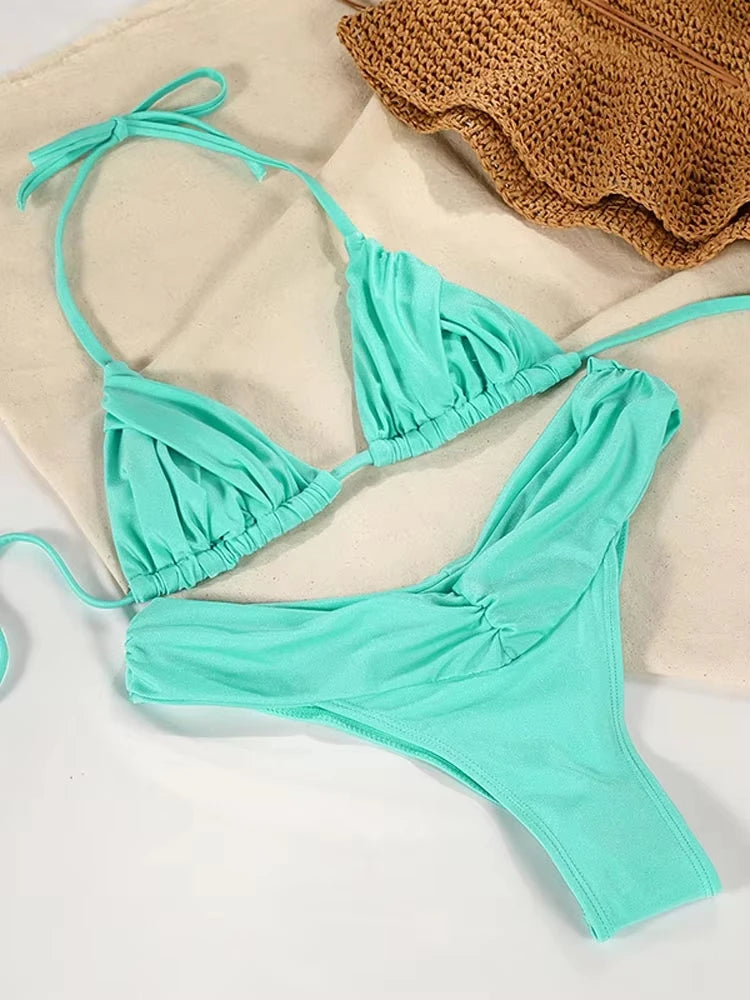 Solid Black Ruched Triangle String Bikini with Gathered Detailing
