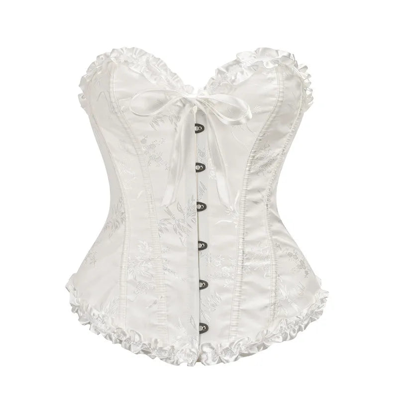 Jacquard Overbust Corset with Ruffled Trim, Structured Boning and Lace-Up Back