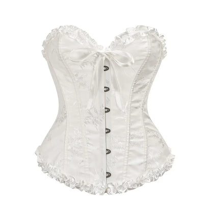Jacquard Overbust Corset with Ruffled Trim, Structured Boning and Lace-Up Back