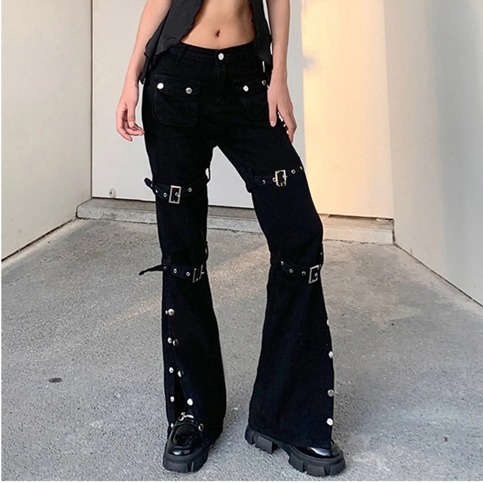 Buckle Detail Flared Pants Punk Inspired Alternative Streetwear Bottoms
