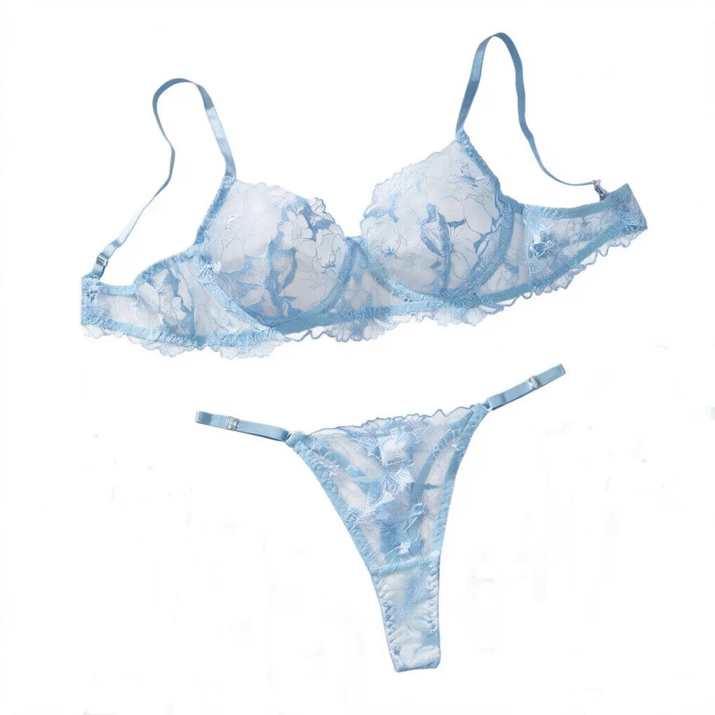 Serene Blue Sheer Mesh and Floral Embroidered Underwire Lingerie Set