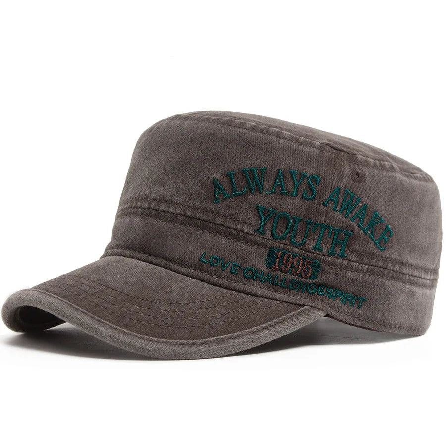 Unisex Vintage Military Style Flat Top Cap with Embroidered Detail for Casual Everyday Wear