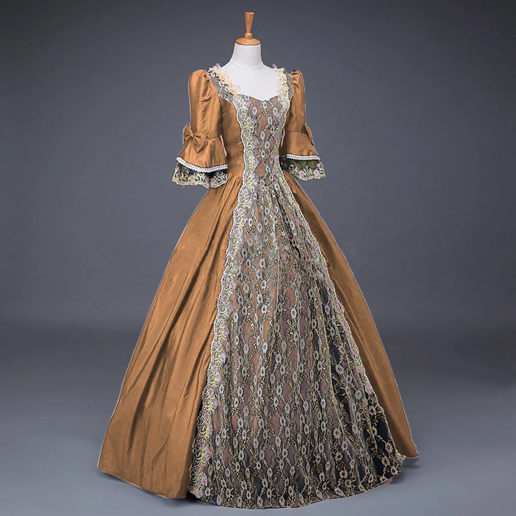 Dramatic Renaissance-Inspired Ball Gown with Ornate Brocade Panel and Flared Sleeves