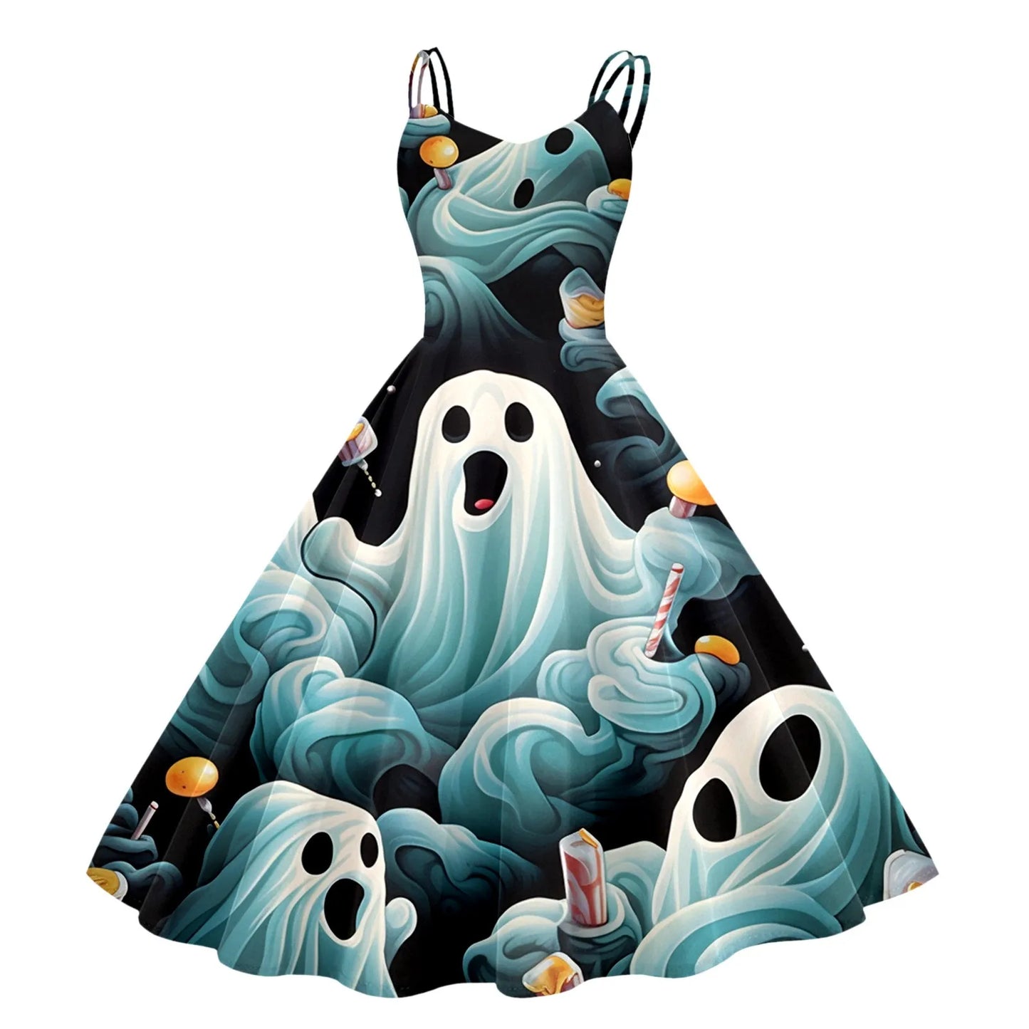 Whimsical Gothic Halloween Inspired Flare Dress with Vintage Charm