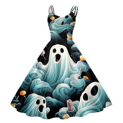 Whimsical Gothic Halloween Inspired Flare Dress with Vintage Charm