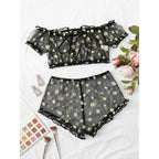 Sheer Black Mesh Daisy Print Two-Piece Loungewear Set with Ruffled Crop Top and Shorts