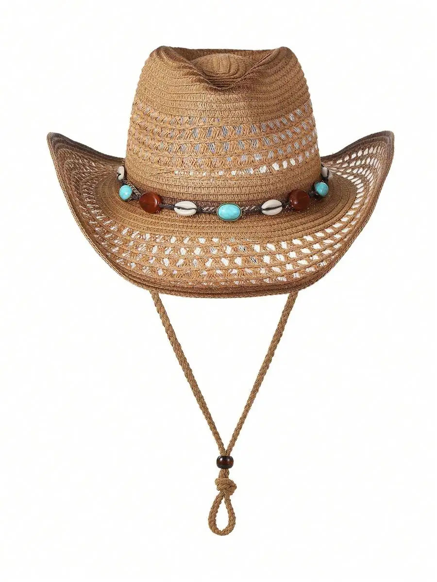 Unisex Wide Brim Straw Cowboy Hat with Decorative Beaded Trim for Outdoor Summer Adventures