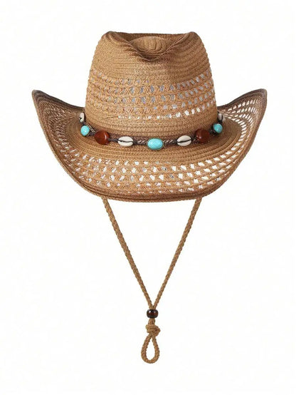 Unisex Wide Brim Straw Cowboy Hat with Decorative Beaded Trim for Outdoor Summer Adventures