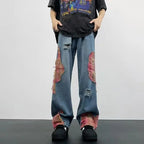 Men's Vintage Wash Flared Denim Jeans with Distressed Patchwork Streetwear Relaxed Fit