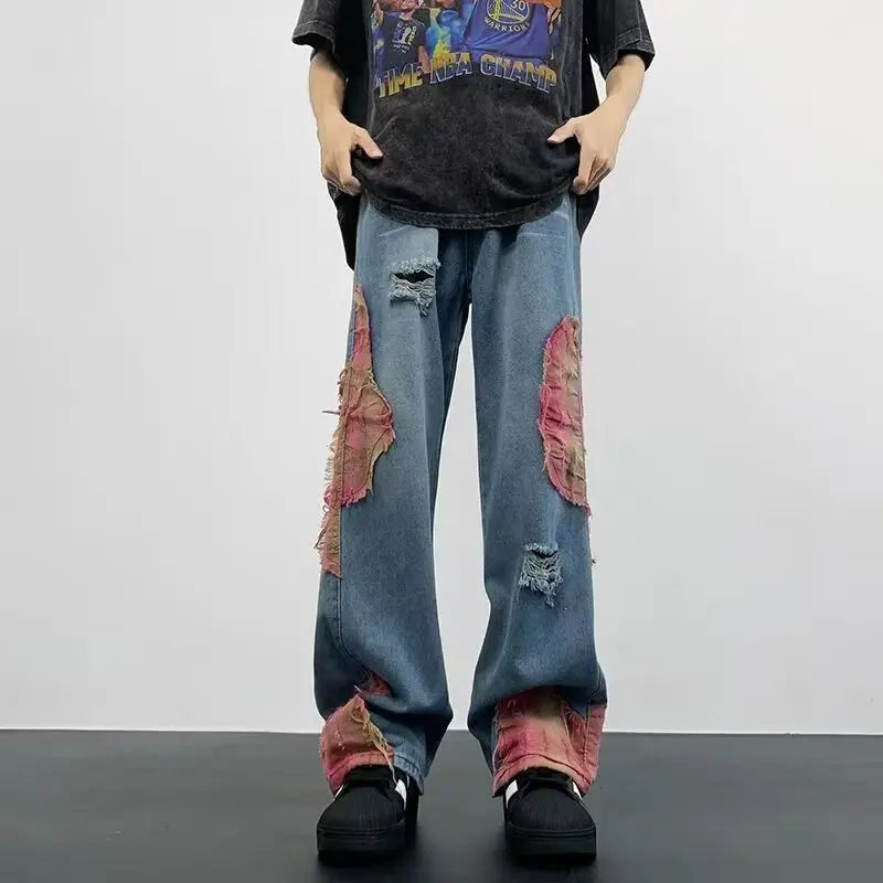 Men's Vintage Wash Flared Denim Jeans with Distressed Patchwork Streetwear Relaxed Fit