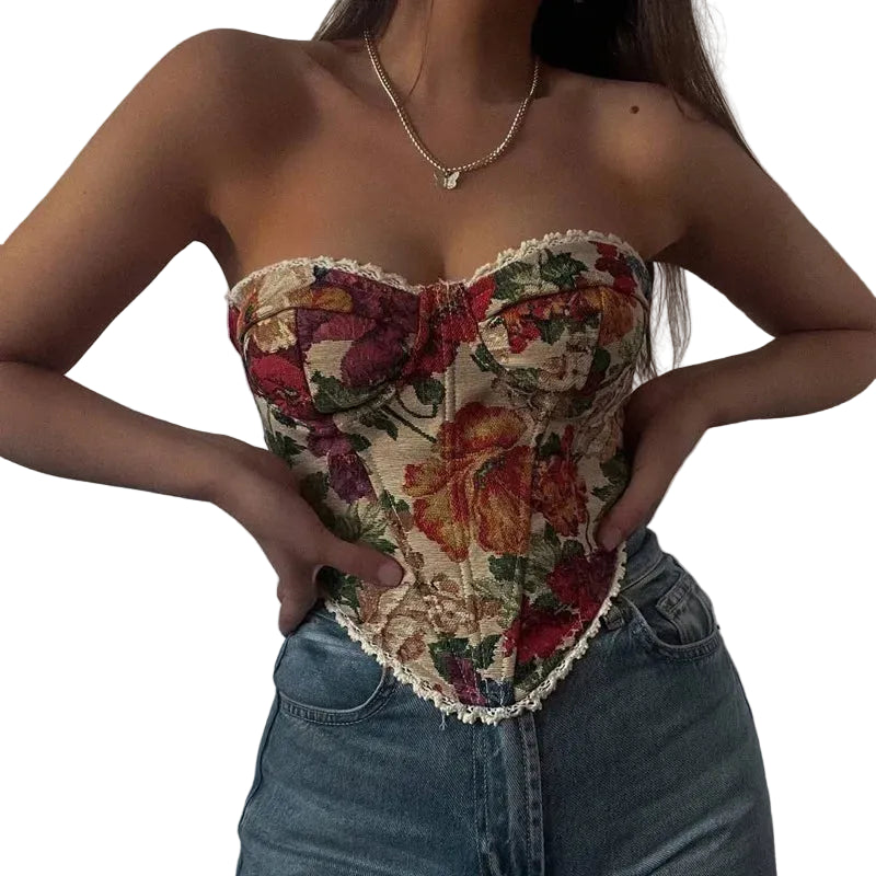 Vintage-Inspired Floral Print Strapless Corset with Scalloped Lace Trim