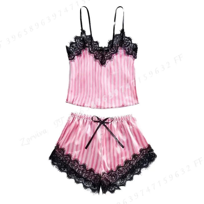 Pink Satin-Stripe Pajama Set with Lace-Trim Camisole Top, Matching Shorts and Delicate Spaghetti Straps