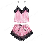Pink Satin-Stripe Pajama Set with Lace-Trim Camisole Top, Matching Shorts and Delicate Spaghetti Straps
