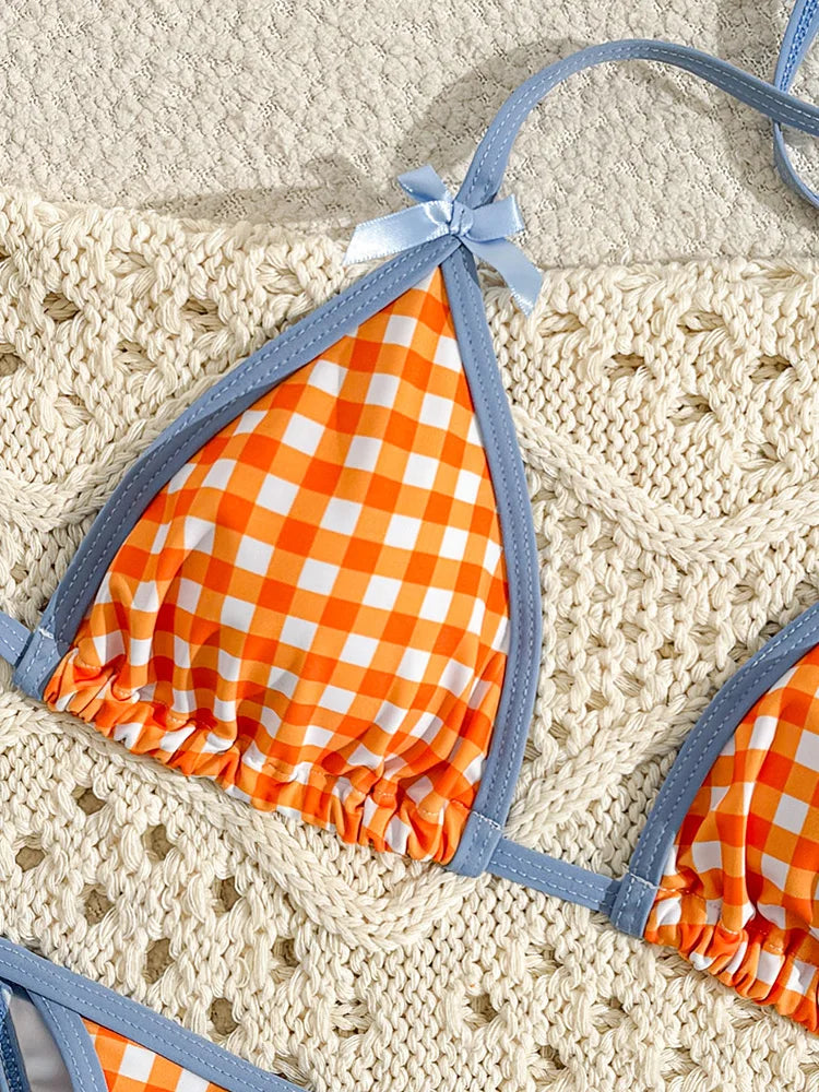 Orange Gingham Triangle String Bikini with Light Blue Contrast Trim