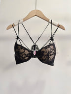 Embroidered Floral Lace Front-Closure Bra and Matching Low-Rise Brief Set with Strappy Back Details