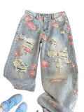 Vintage Washed Distressed Wide Leg Straight Jeans with Floral Detail Relaxed Streetwear Style