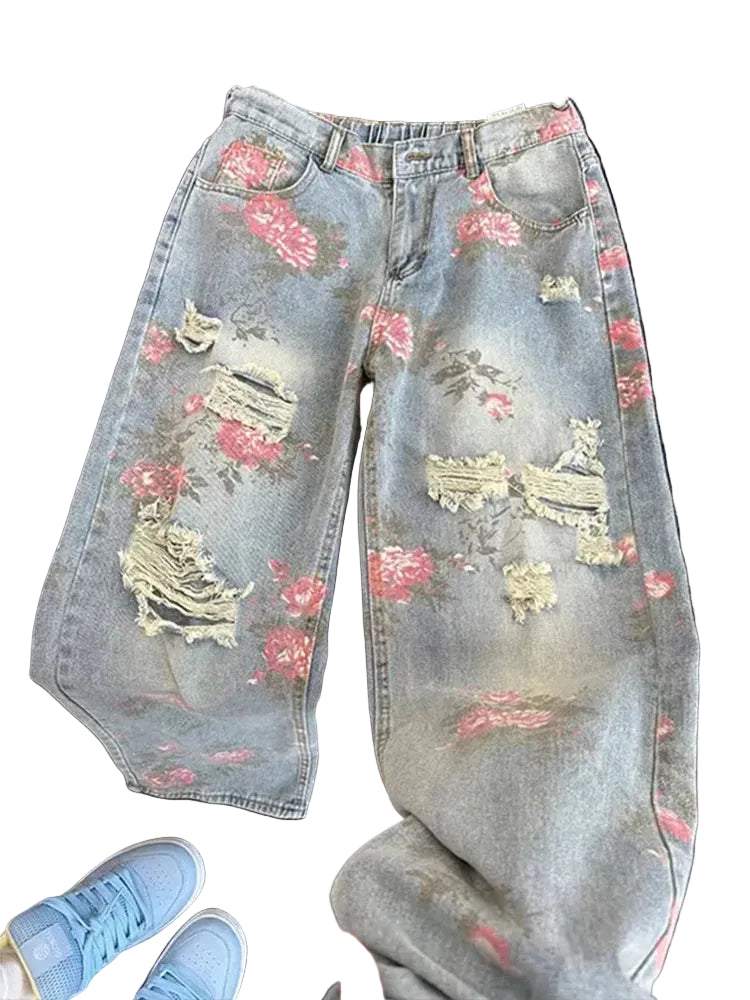 Vintage Washed Distressed Wide Leg Straight Jeans with Floral Detail Relaxed Streetwear Style