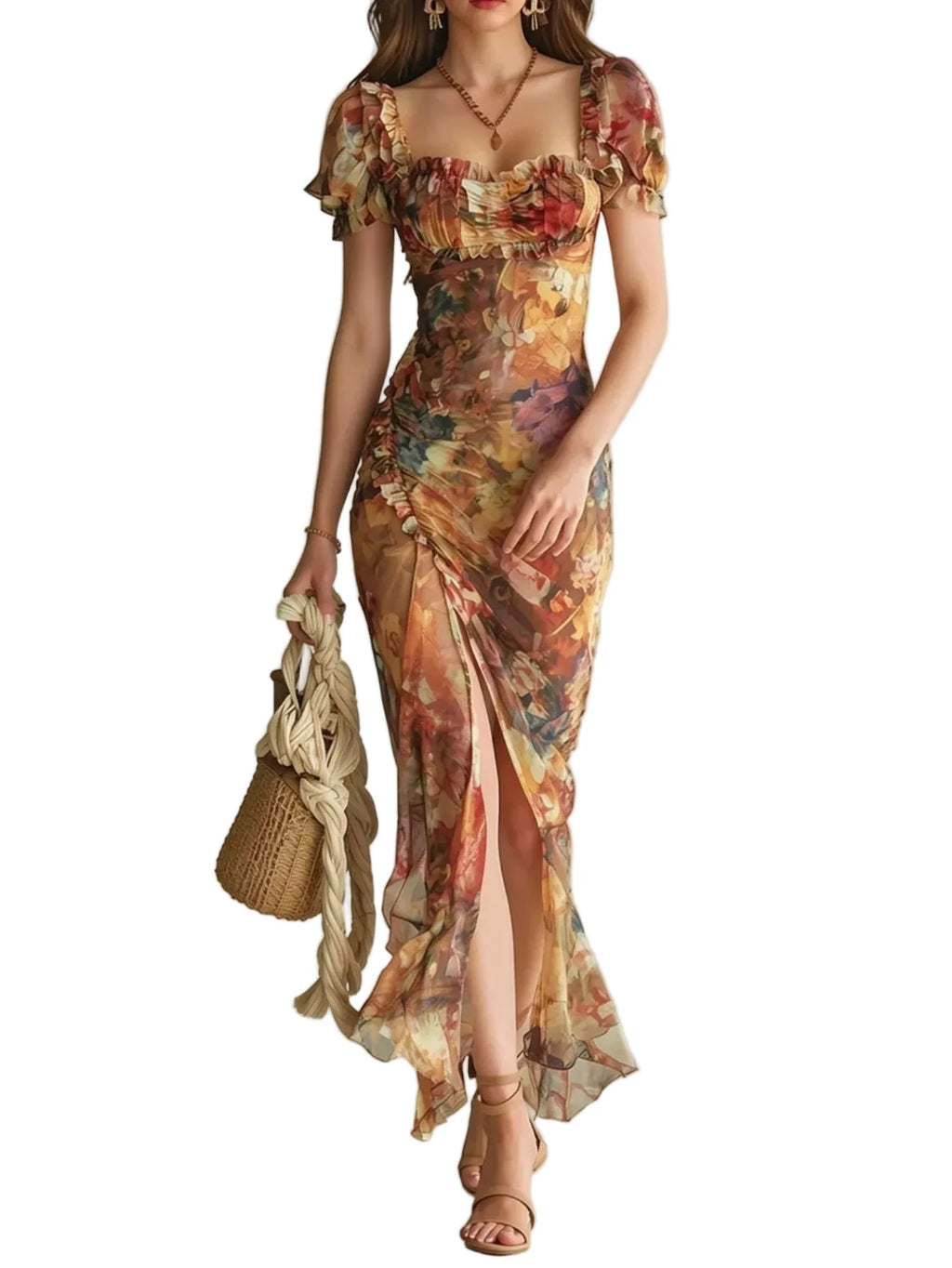 Vintage-Inspired Floral Ruched Midi Dress with Puff Sleeves and High Slit