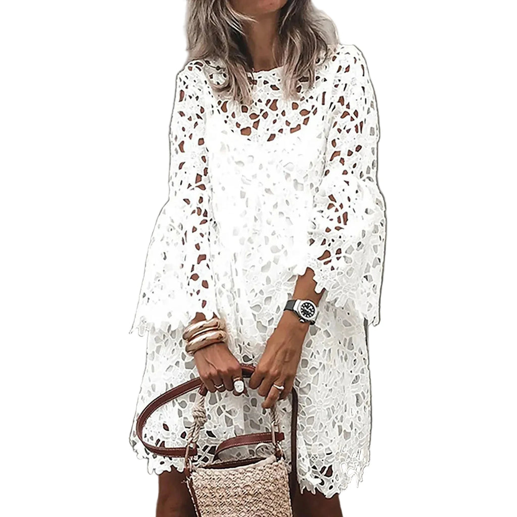 Bohemian White Crochet Mini Dress with Bell Sleeves and Intricate Cutout Detailing