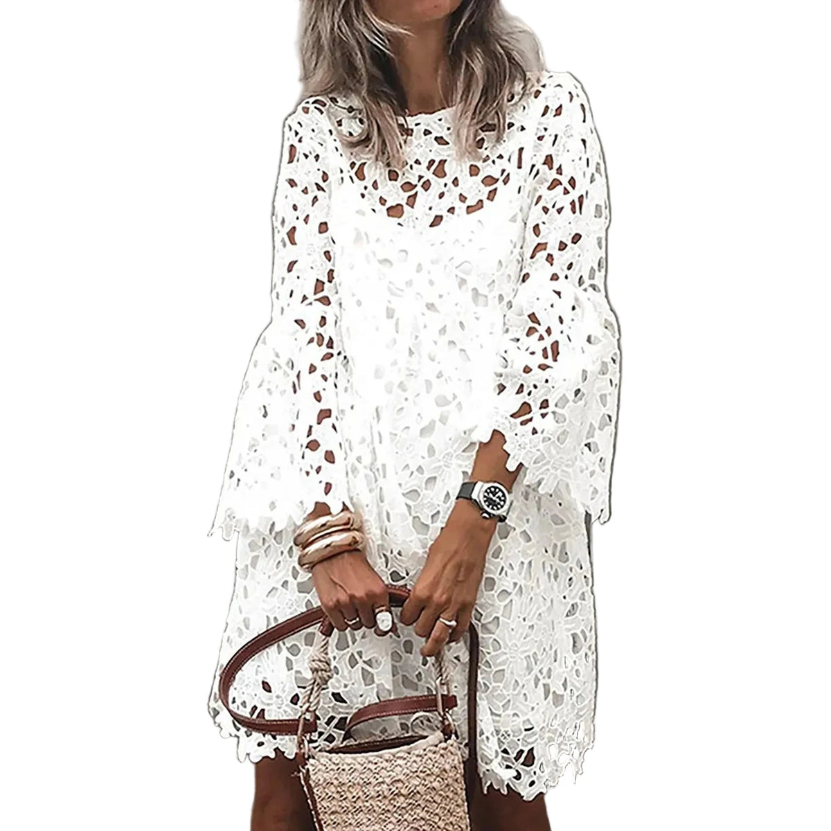 Bohemian White Crochet Mini Dress with Bell Sleeves and Intricate Cutout Detailing