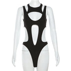 Asymmetric Cutout High Cut Bodysuit for Gothic Techwear Alternative Fashion