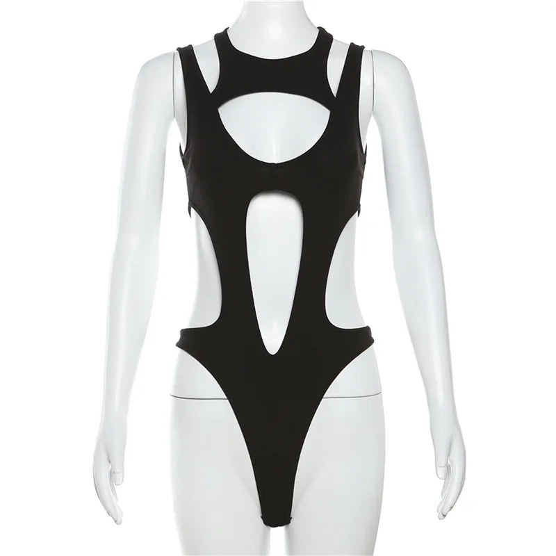Asymmetric Cutout High Cut Bodysuit for Gothic Techwear Alternative Fashion