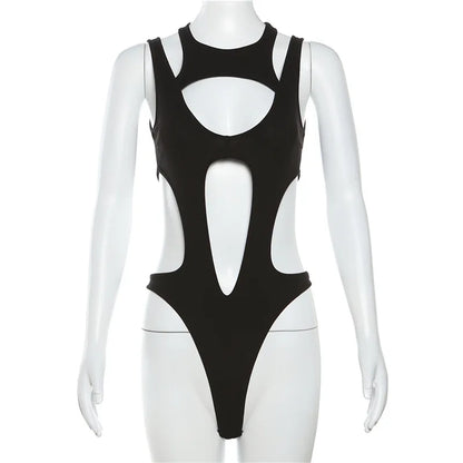Asymmetric Cutout High Cut Bodysuit for Gothic Techwear Alternative Fashion