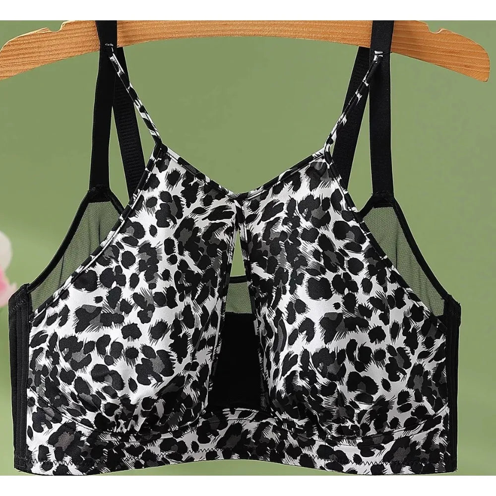 Fierce Leopard Print Plunge Bra with Front Keyhole Cutout and Mesh Accents