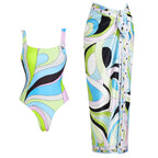 Retro Swirl Print Bandeau Swim Set with Matching Cascading Sarong