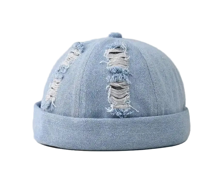 Vintage Washed Denim Skull Cap Distressed Casual Streetwear Fisherman Style Hat