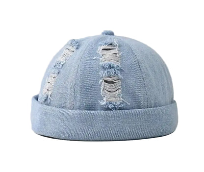 Vintage Washed Denim Skull Cap Distressed Casual Streetwear Fisherman Style Hat