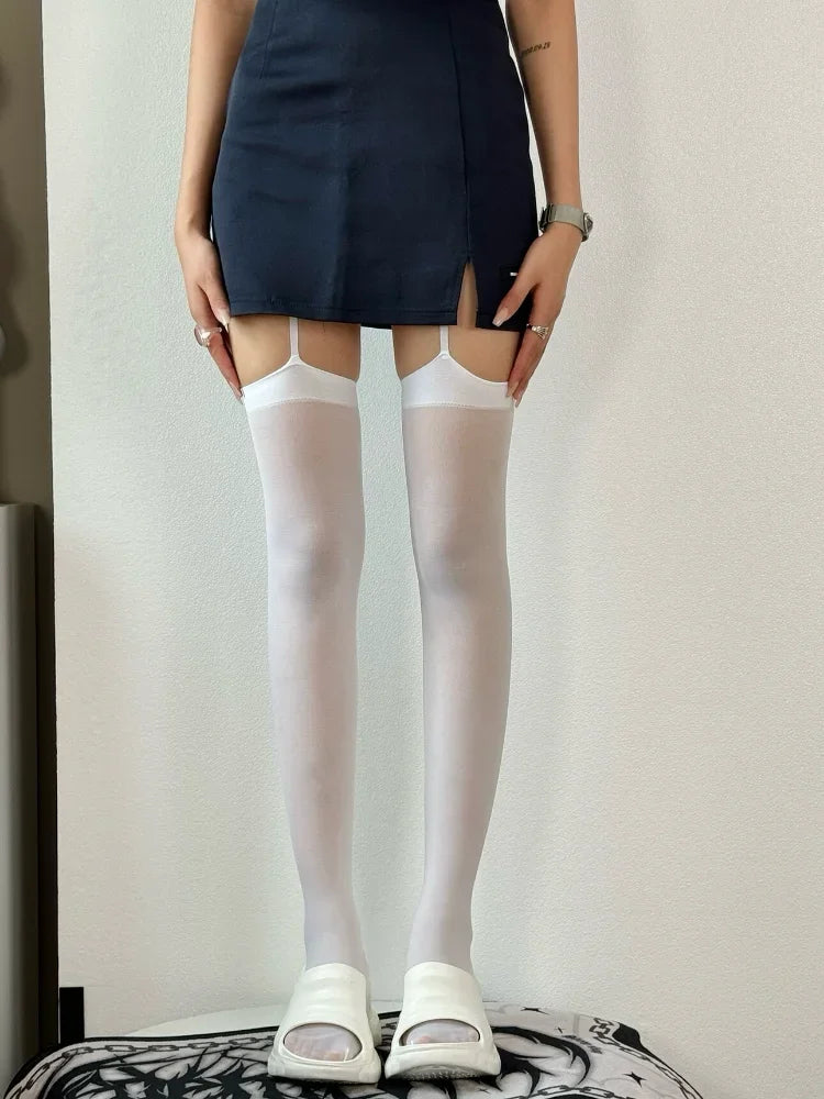 Lightweight Sheer Thigh High Stockings with Stay-Up Design for Everyday Layered Fashion Styling