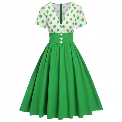 Vintage Polka Dot Contrast Bodice Rockabilly Inspired Swing Midi Dress