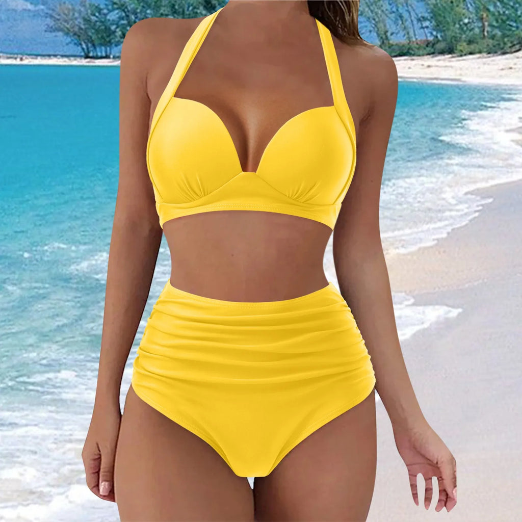 Floral Print Halter Tankini Bikini Set with High-Waisted Bottom, Ruched Front and Conservative Two-Piece Swimwear Silhouette