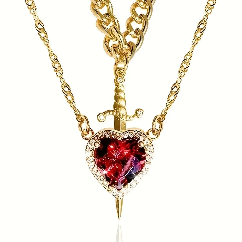 Dark Romantic Heart Pendant Necklace with Layered Chain Alternative Statement Design