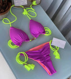 Soft Periwinkle Triangle Bikini Set with Two-Tone Twisted Rope and Tassel Details