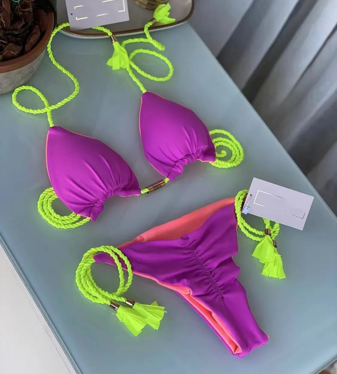 Soft Periwinkle Triangle Bikini Set with Two-Tone Twisted Rope and Tassel Details