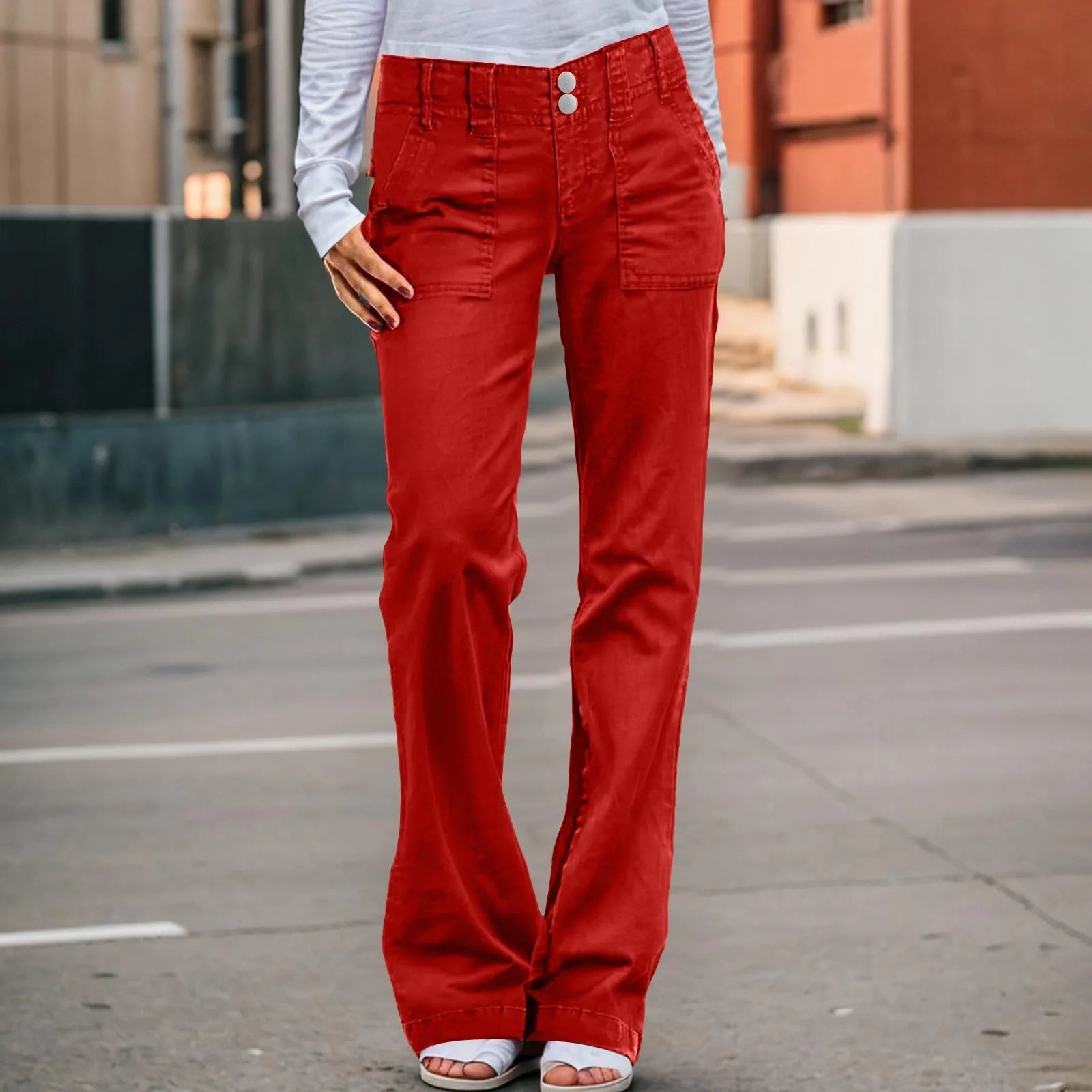 Women's High Rise Wide Leg Light Wash Denim Jeans with Double Button Waist Design