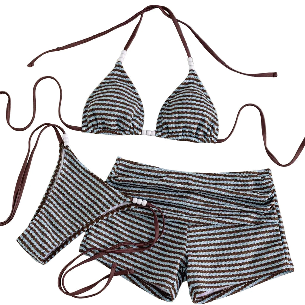 Three-Piece Striped Halter Bikini Set with Matching Swim Shorts