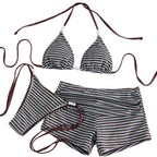 Three-Piece Striped Halter Bikini Set with Matching Swim Shorts