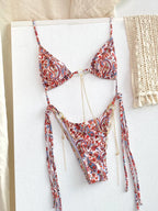Vintage-Inspired Warm Floral Print Triangle String Bikini
