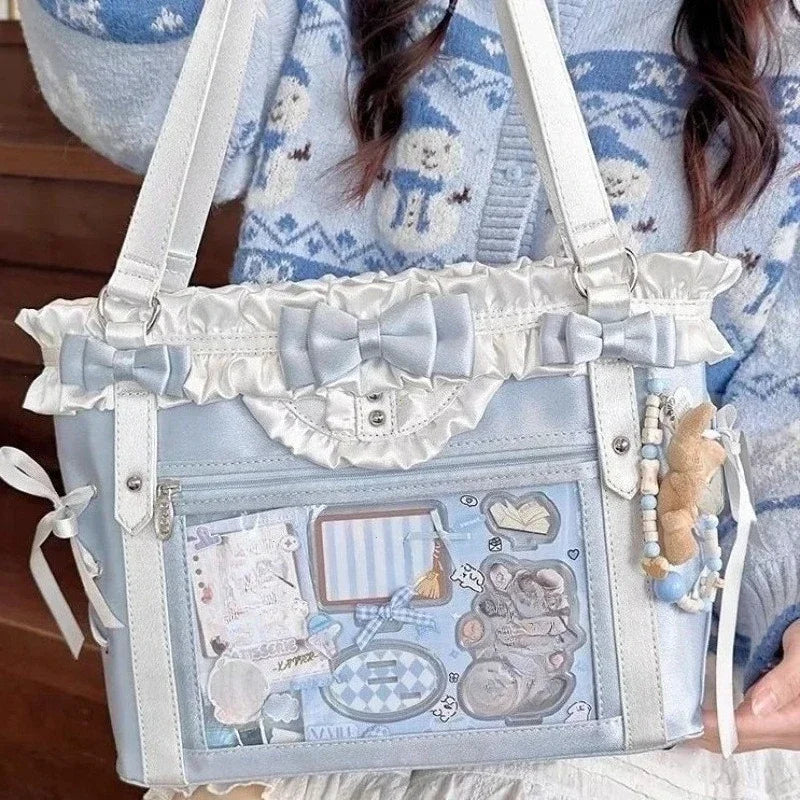 Decorative Window Tote Shoulder Bag with Utility Pocket Styling