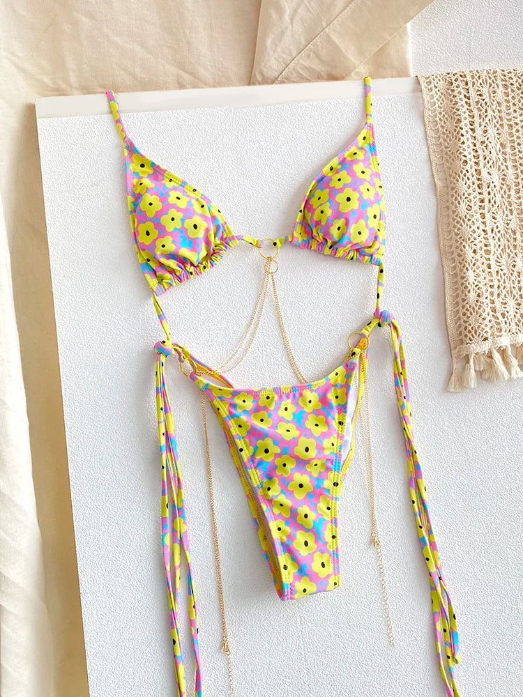 Vintage-Inspired Warm Floral Print Triangle String Bikini
